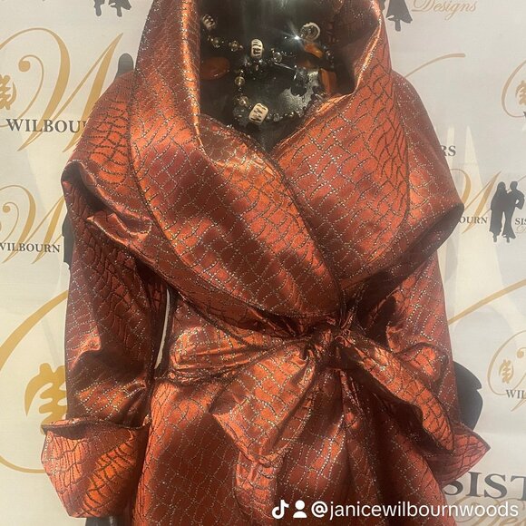 Evening Satin Wrap Jacket with Long Belt and Shawl Collar with Big Cuffs